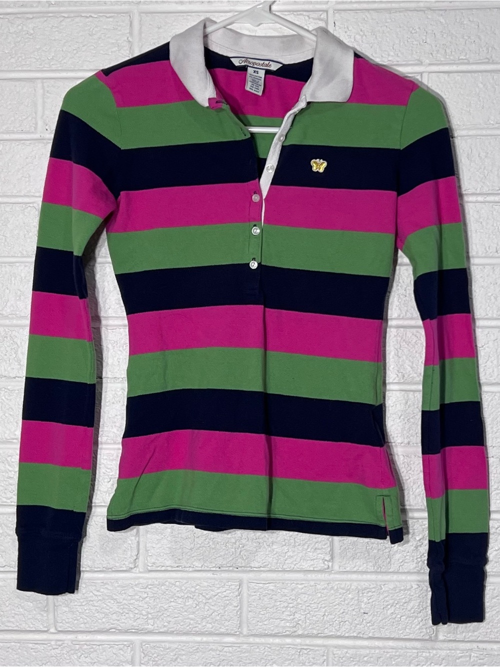 Aeropostale Striped V-Neck Polo long sleeve- Pink, Green, Black